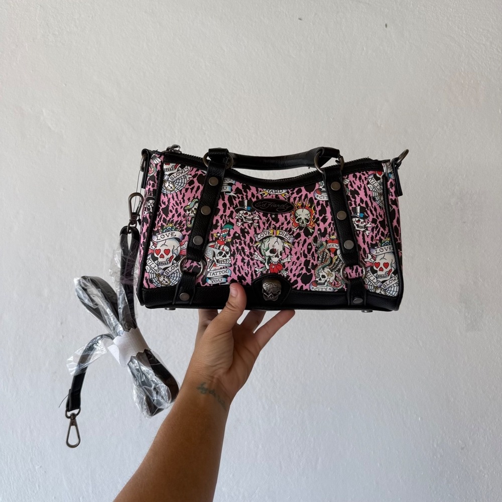 Ed Hardy Bag Pink Leopard Skull Satchel Studded Y2K Tattoo Handbag NWT Purse